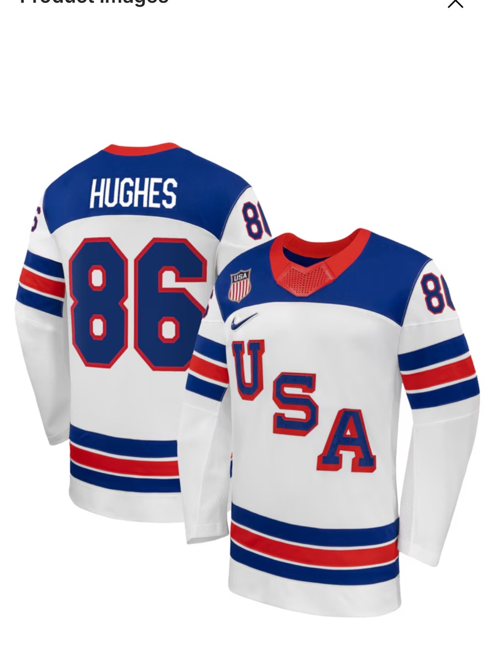 Nike USA White Blue Red Hughes #86 Hockey Jersey